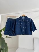 Taş Detaylı Gömlek Şort Denim Takım 10175 resmi